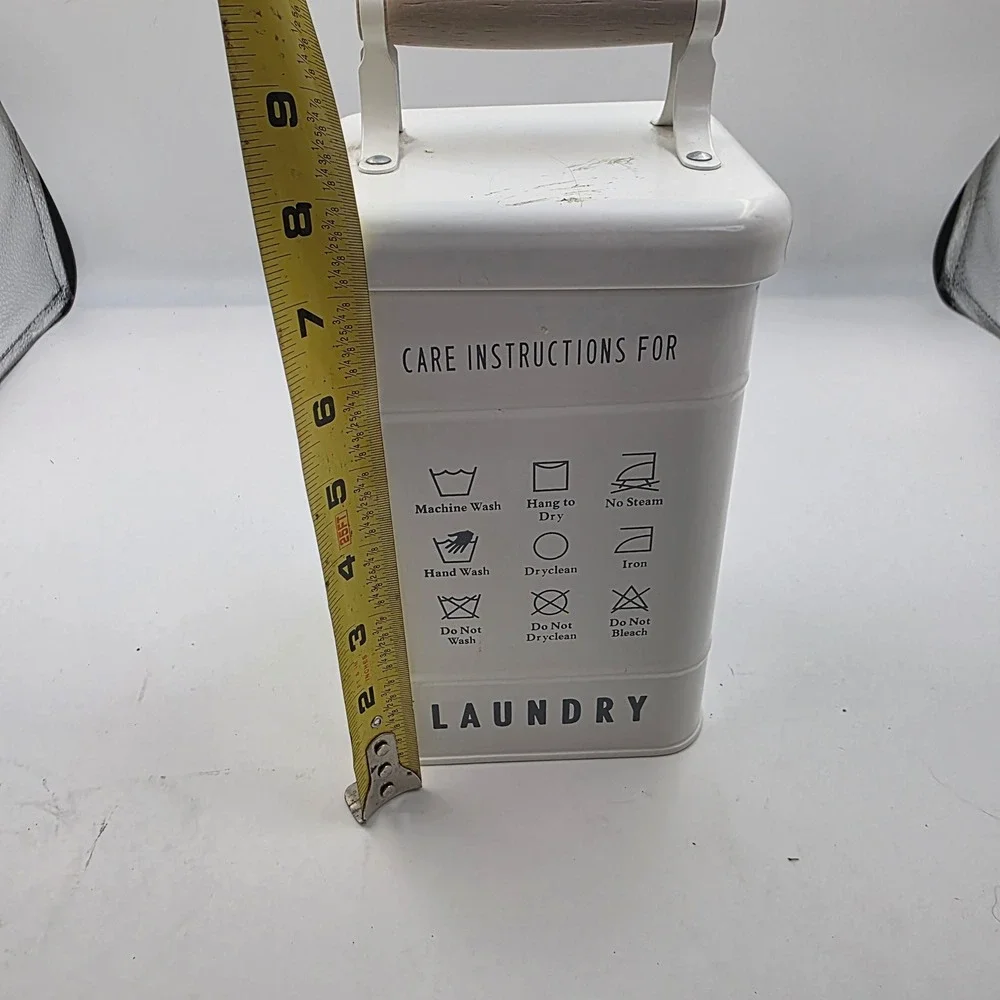 Farmhouse Metal Laundry Detergent Storage Tin Bin with Wood Handle Cream White